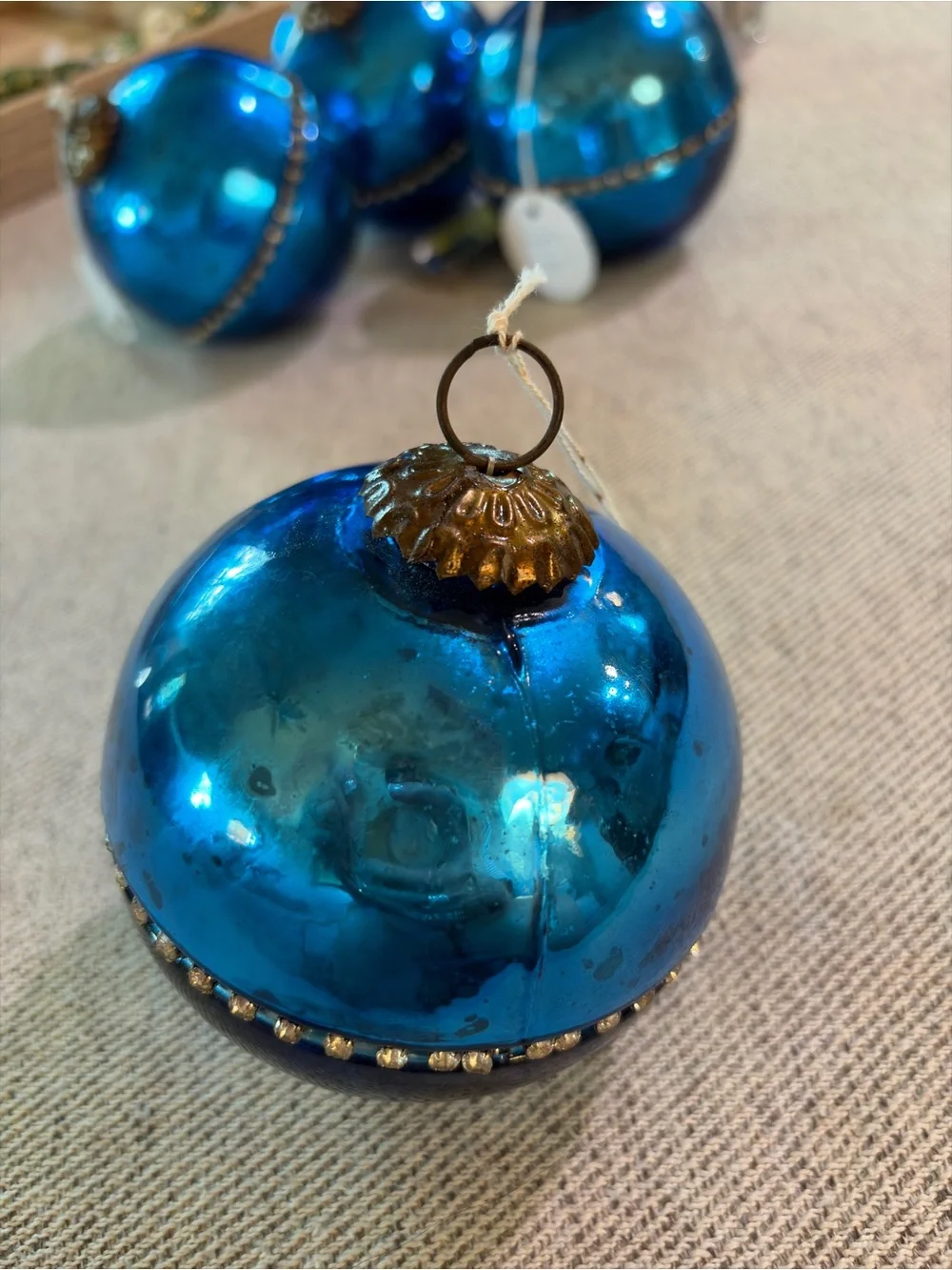 Vtg Blue mercury Glass Holiday Ornaments with Rhinestone Trim